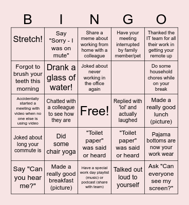 Remote Work Bingo Card