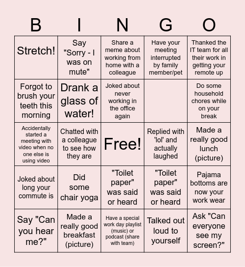 Remote Work Bingo Card