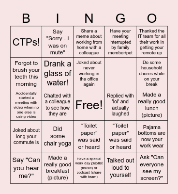 Remote Work Bingo Card