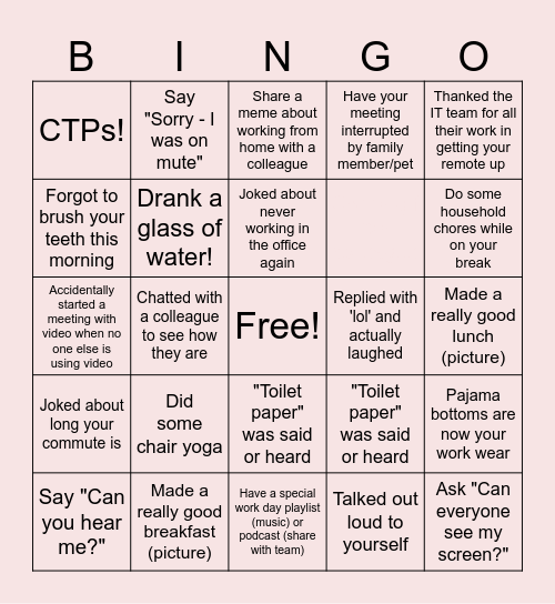 Remote Work Bingo Card
