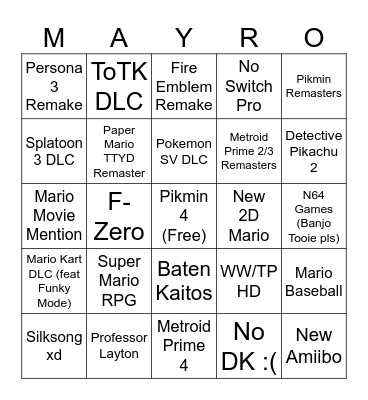 NINTENDO DIRECT Bingo Card