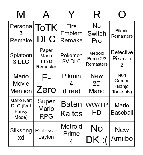 NINTENDO DIRECT Bingo Card