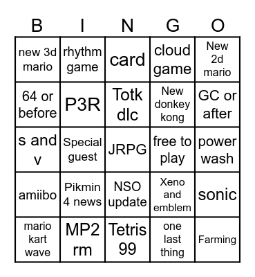 Nintendo Direct Bingo Card