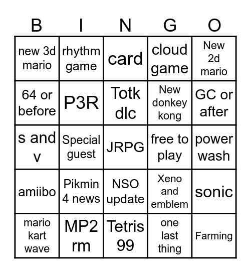 Nintendo Direct Bingo Card