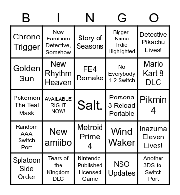 Nintendo Direct 2023 Bingo Card