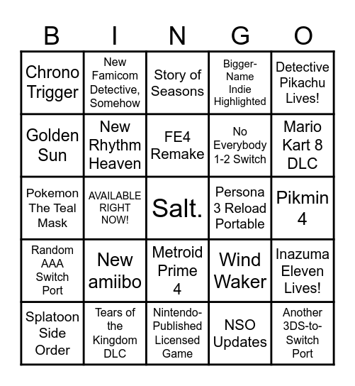 Nintendo Direct 2023 Bingo Card