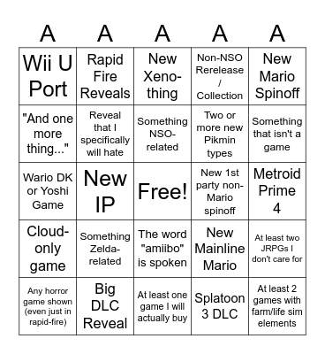 Nintendo Direct Bingo Card