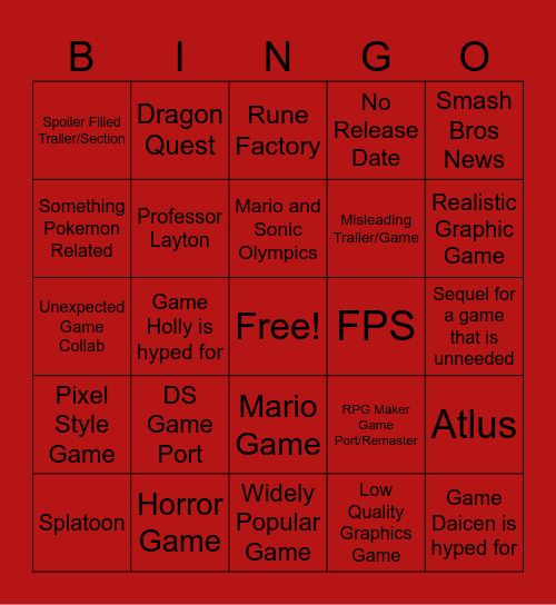 Nintendo Direct Bingo Card