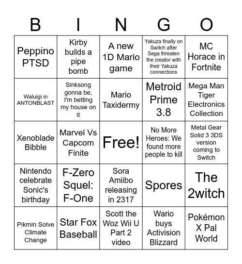 Nintendo Direct Bingo Card