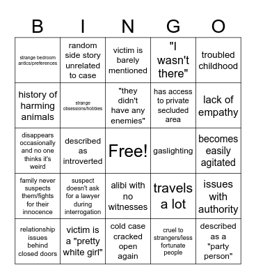 True Crime Bingo Card