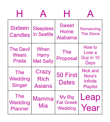 Comedy/Rom-Com Bingo Card