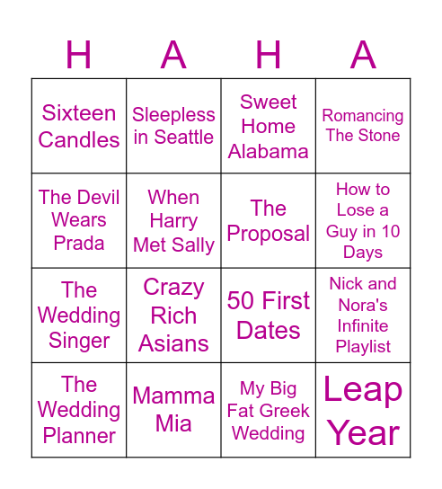 Comedy/Rom-Com Bingo Card