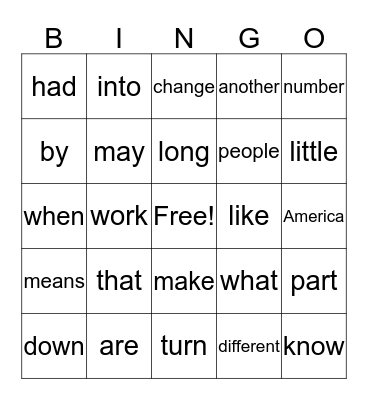 Sight Words! Bingo Card