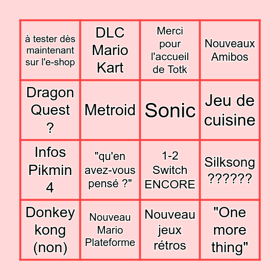 Nintendo Direct Juin Bingo Card