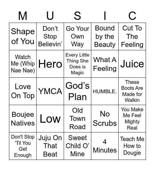 YouthCO Team Music Bingo Card