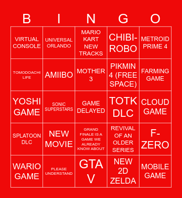 Nintendo Direct - June 2023 Bingo Card