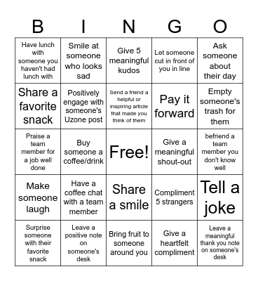 Random Act of Kindness Bingo Card