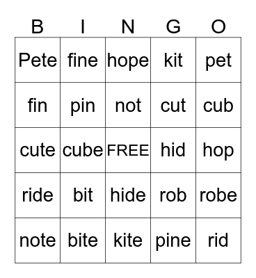 Silent -e Bingo Card