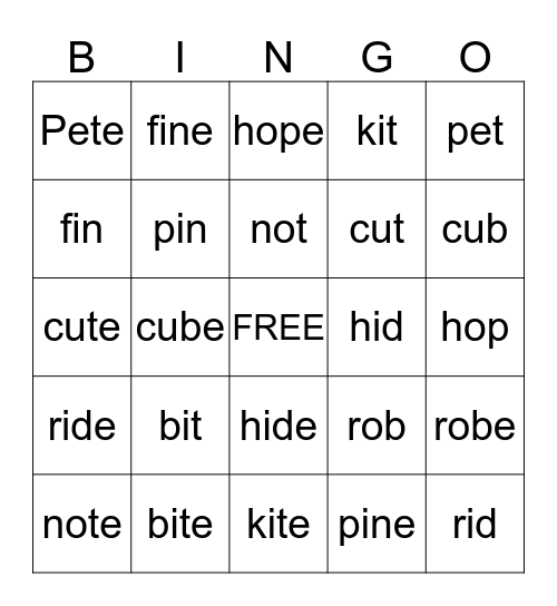 Silent -e Bingo Card