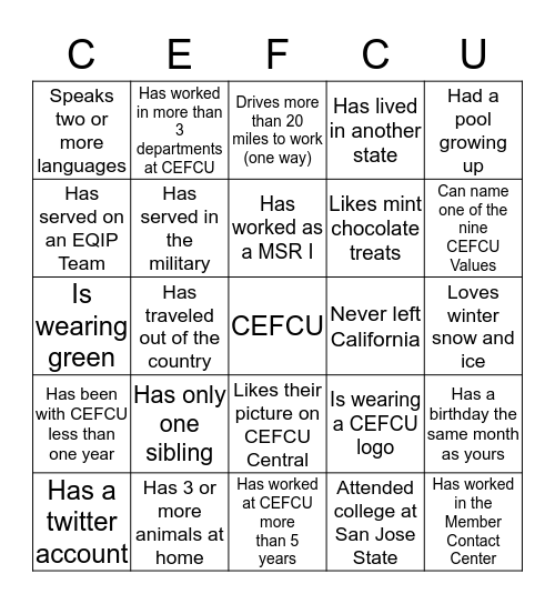 CEFCU Bingo Card