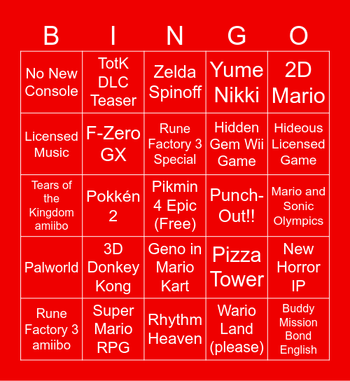 Nintendo Direct Bingo Card