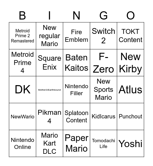 Nintendo Direct 6/20 Bingo Card