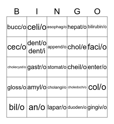 Digestive System/Nutrition Terminology Bingo Card