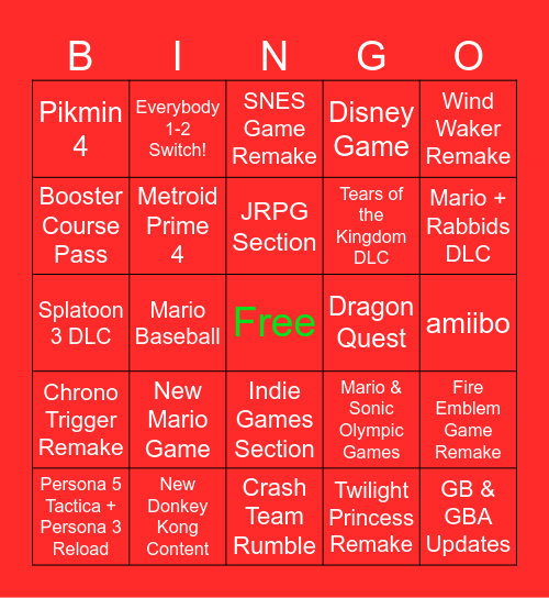 Nintendo Direct 6.21.23 Bingo Card