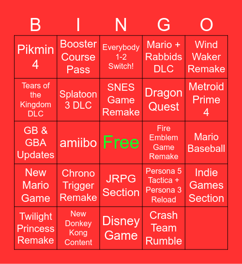Nintendo Direct 6.21.23 Bingo Card
