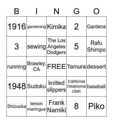 Grandma Bingo Card