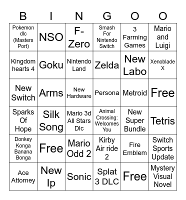 Nintendo Direct Bingo Card