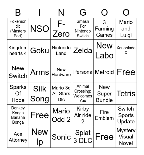 Nintendo Direct Bingo Card