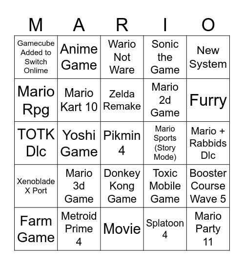 Nintendo Direct 6/20/23 Bingo Card