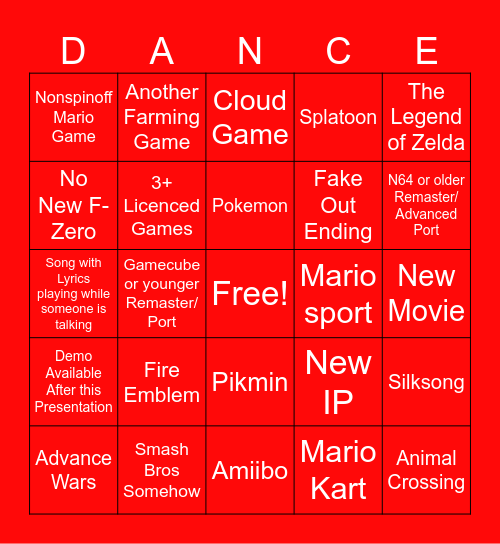 June 2023 Nintendo Direct Bingo Card
