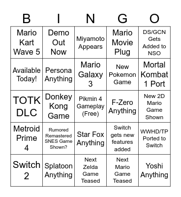 Nintendo Direct June 2023 Bingo Card