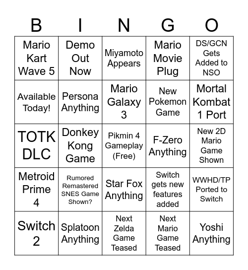Nintendo Direct June 2023 Bingo Card