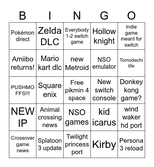 Nintendo direct-o Bingo Card