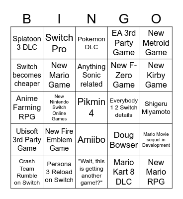 Nintendo Direct 6/21 Bingo Card