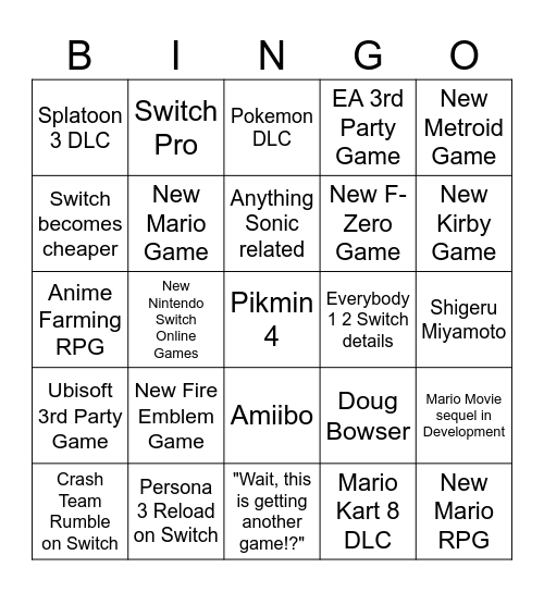 Nintendo Direct 6/21 Bingo Card