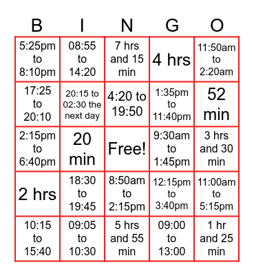 Elapsed Time Bingo Card