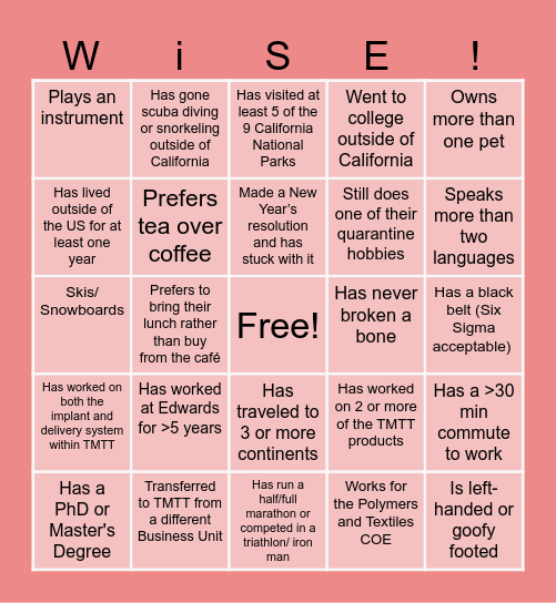 WiSE Bingo Card