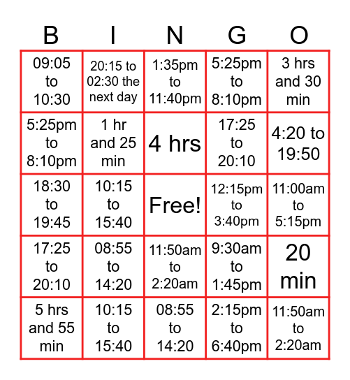 Elapsed Time Bingo Card