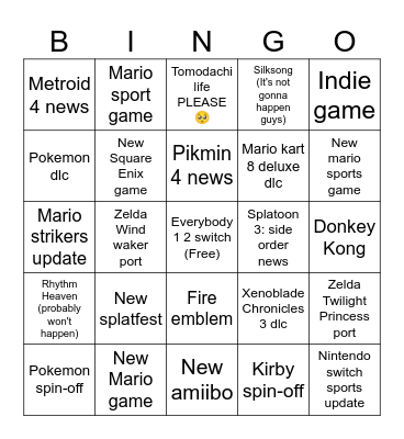 Nintendo Direct Tara's edition Bingo Card