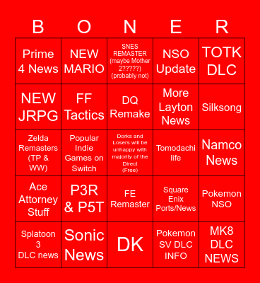 Nintendo Direct Bingo Card