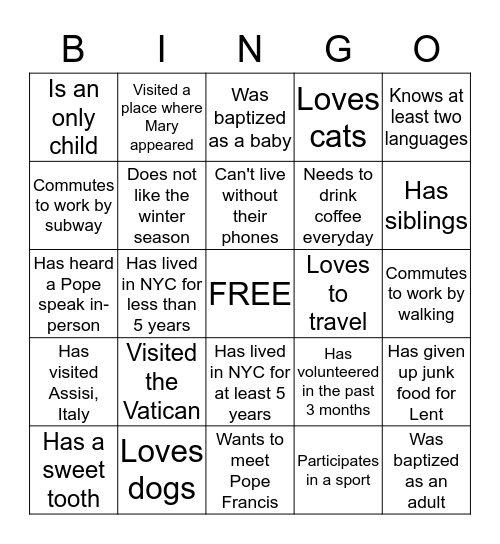 St. Francis of Assisi NYC - Young Adult Ministry Bingo Card