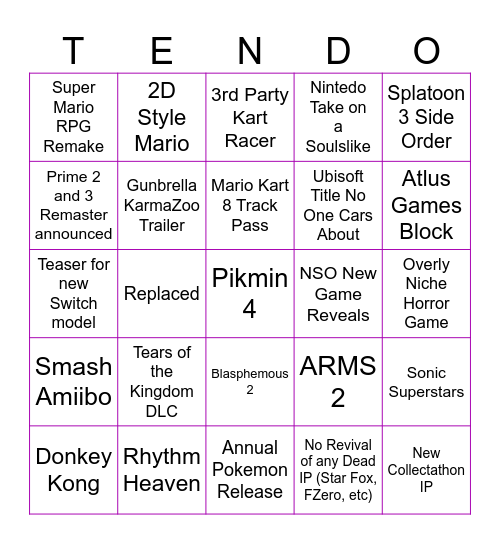 6/20/23 Nintendo Direct Bingo Card