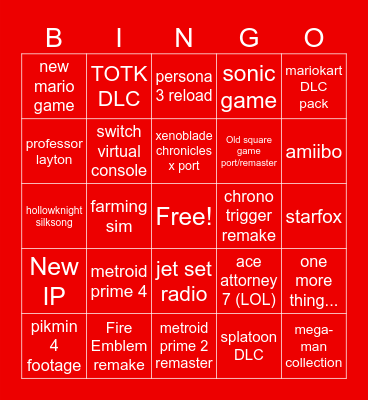 Nintendo Direct 6/21/23 Bingo Card