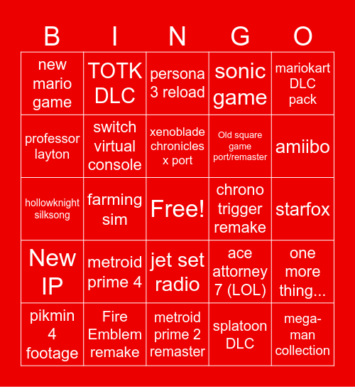 Nintendo Direct 6/21/23 Bingo Card