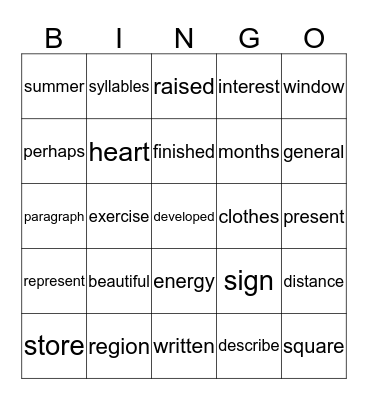 Vocabulary Bingo Card