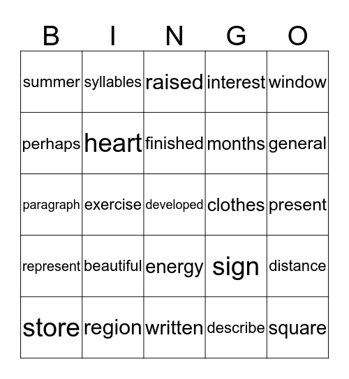 Vocabulary Bingo Card